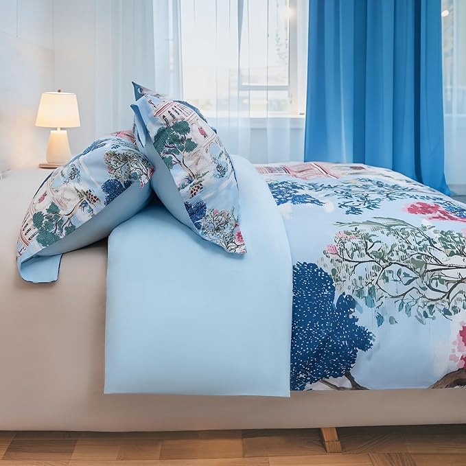 MAGRACE Blue Farmhouse Duvet Cover Queen Size, 3 PCS Washed Fiber Floral Pattern Bedding Set, Cozy Soft Breathable Quilt Cover, Zipper + 8 Corner Ties + 2 Pillow Shams, Without Comforter