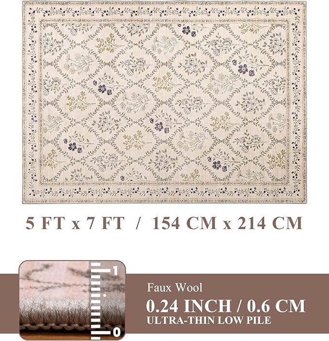 YIHOUSE 5x7 Washable Rug for Bedroom, Beige Floral Rugs for Living Room Non Slip Ultra-Thin Large Boho Rug for Kids Playroom, Classroom, Girls Dorm, Nursery, Beige Multi