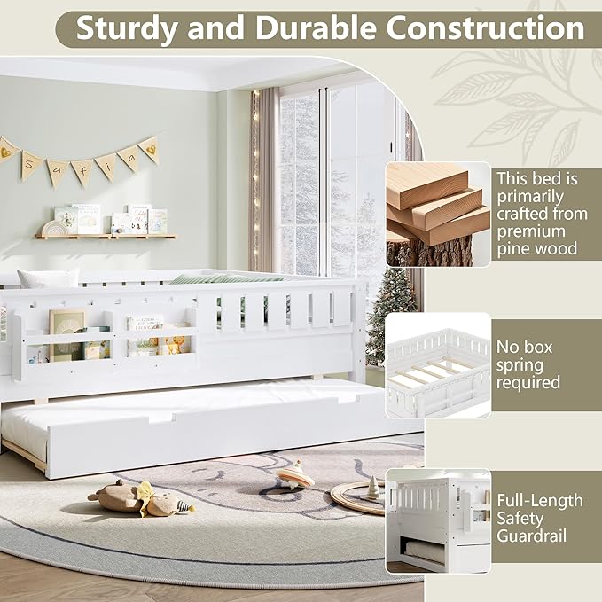 Bellemave Full Bed with Trundle and Stairs, Full Size Platform Bed Frame with Fence and Bookshelf, Easy Assemble Beds for Kids, Girls, Boys, White