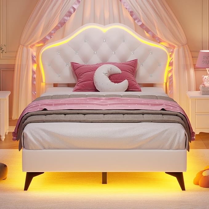 ADORNEVE Twin Bed Frame with RGB LED Lights, Princess Bed Frame with Adjustable Crystal Button Headboard, Velvet Upholstered Platform Bed for Girls, Solid Wooden Slats, Easy Assembly, Creamy White