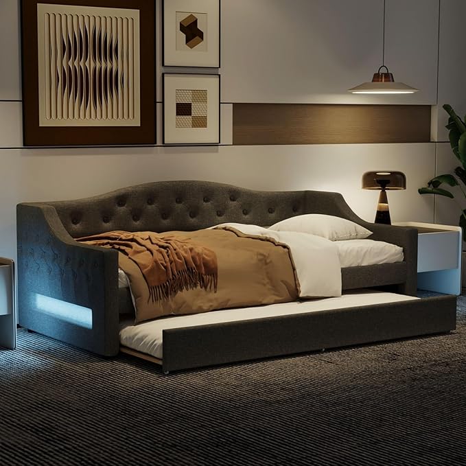 Merax Twin Size Linen Corner Daybed with Trundle and LED Belt, Upholstered Headboard Captain Bed Frames for Small Room, Bedroom, Guest Room, Kids' Room, Grey