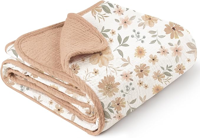 Konssy Muslin Baby Blankets for Girls Boys, 100% Cotton Crib Blanket for Infant Toddler, Super Soft and Lightweight Nursery Swaddling Wrap 40"x36" (Flourish)
