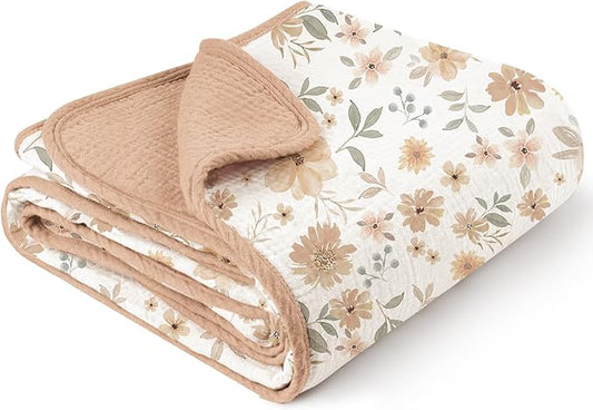 Konssy Muslin Baby Blankets for Girls Boys, 100% Cotton Crib Blanket for Infant Toddler, Super Soft and Lightweight Nursery Swaddling Wrap 40"x36" (Flourish)