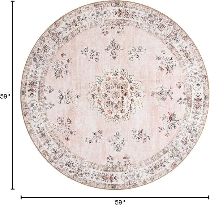 Lahome Pink Washable Round Rug 5ft, Soft Europe Vintage 5x5 Circle Rug for Nursery Kids Playroom, Non-Slip Floral Pastel Circular Carpet for Aesthetic Home Decorations Bedroom Decor