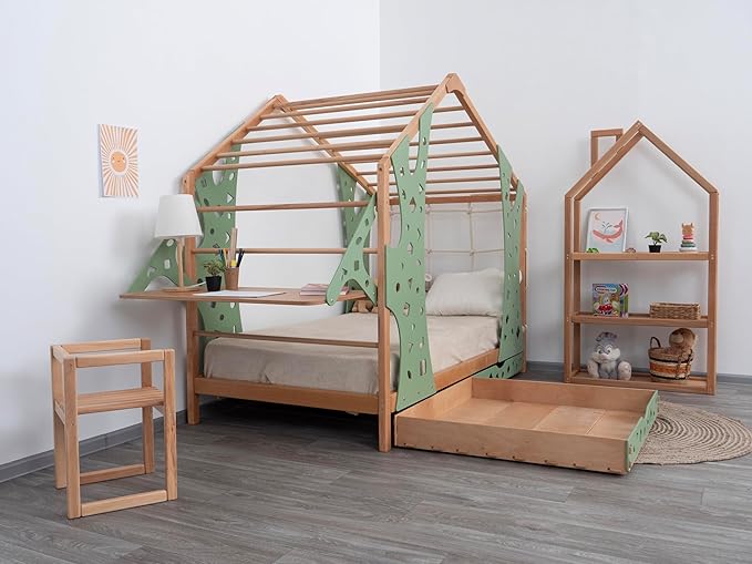 BUSY WOOD Monkey Bed – Twin Frame with Storage & Desk – Montessori Indoor Playground – Jungle Gym Furniture for Kids – Toddler Sleeping Frame with Drawers & Removable Table
