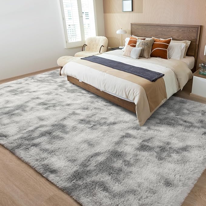 Merelax Soft Area Rugs for Livingroom Bedroom, Shaggy Plush Fuzzy Fluffy Carpet Furry Fur Rug, Modern Indoor Comfy Nursery Kids Dorm Home Decor Floor Mat, 6 x 9 ft, Tie-Dyed Light Grey