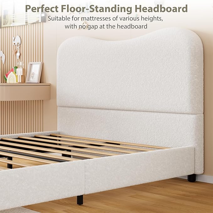 Senfot White Boucle Bed Frame with Upholstered Headboard, Soft Low Profile Sturdy Platform Bed with Rounded Corners Design, Heavy Duty, Wooden Slats, Noise Free, No Box Spring Needed, Full Size