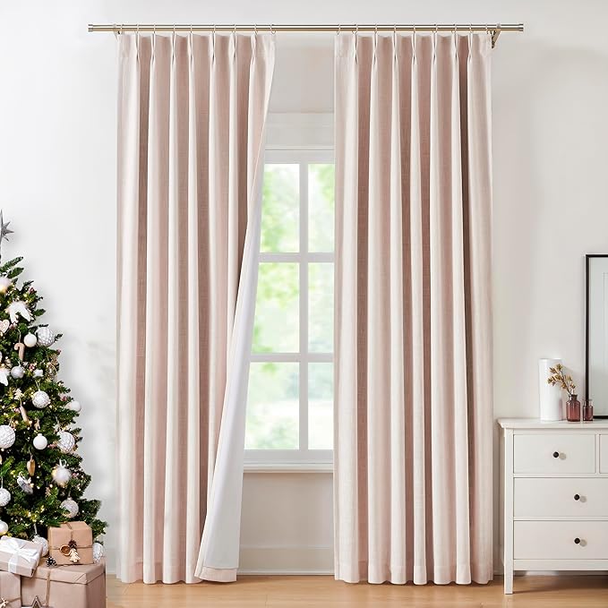 Pink Pinch Pleated Full Blackout Curtains Linen Texture Thermal Insulated Window Treatment Panel 84 Inch Long for Living Room Bedroom Noise Reducing Back Tab Drapes with Hooks, 2 Panel, 40"Wx84"L