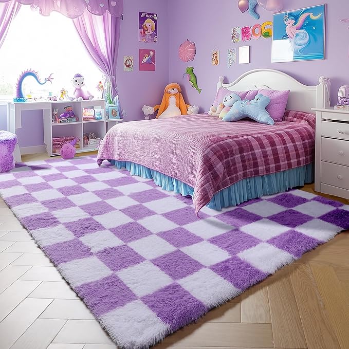 KICMOR Purple Rugs for Bedroom, Fluffy Soft Checkered 3x5 Area Rug Fuzzy Shag Shaggy Small Living Room Carpet, Indoor Plush Bedside Floor Rugs for Kids Girls Boys Dorm Nursery Home Decor Aesthetic