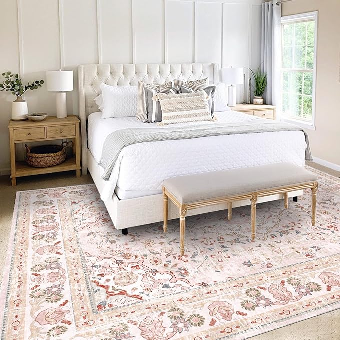 Vhong Pink Area Rugs Washable Boho Vintage Modern Neutral Large Carpet 6×9 High Traffic Rugs for Dinning Room Living Room Bedroom Girls' Room Nursery Room Non Slip