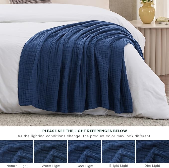 Love's cabin 6 Layer 100% Cotton Muslin Blanket, 60"x80" Twin Muslin Blanket for Couch Bed, Lightweight and Breathable Cotton Gauze for Adult, Dark Blue