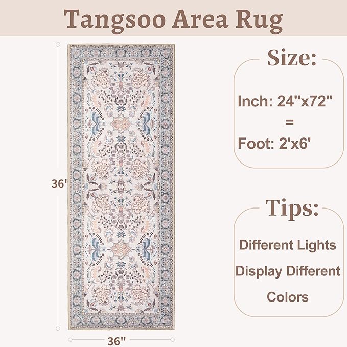 Tangsoo 2x6 Washable Runner Rug for Hallways,Non Slip Vintage Persian Floral Rug Runner, Soft Low Pile Neutral Floor Carpet Runners for Kitchen Bedroom Entryway Living Room Bedside Laundry Home Decor