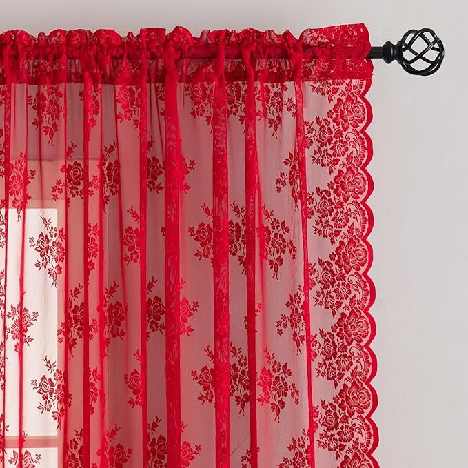 Kotile Red Sheer Lace Curtains 96 Inches Long, W52 x L96 Inch, 2 Panels Country Rustic Floral Red Lace Curtains for Living Room, Rod Pocket Privacy Light Filtering Christmas Sheer Window Curtain