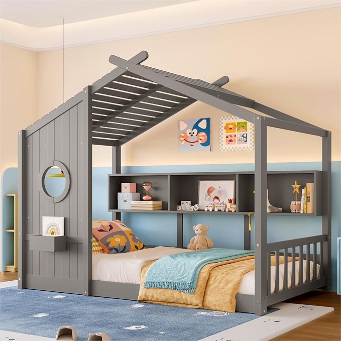 Twin Size Floor House Bed with Roof and Window for Kids, Wooden Playhouse Bed with Storage Shelves for Bedroom Furniture Girls & Boys (Gray/L2, Twin)