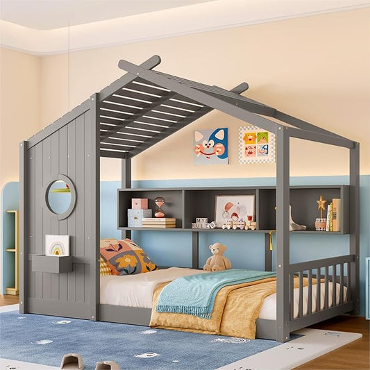 Twin Size Floor House Bed with Roof and Window for Kids, Wooden Playhouse Bed with Storage Shelves for Bedroom Furniture Girls & Boys (Gray/L2, Twin)