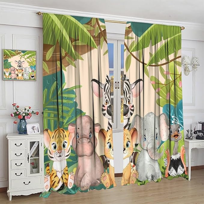 Animals Curtains Colorful Forest Cartoon Cute Zebra Tiger Elephant for Kids Boys Girls Nursery Bedroom Living Room Blackout Rod Pocket Decoration Window Drapes 2 Panels W21xL63in