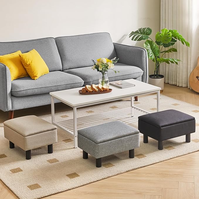 IBUYKE Storage Ottoman Footrest Stool with Linen Fabric, Rectangular, Flip Top Lid, Non-Slip Feet, Compact Design, Stylish and Functional, Gray Blue RF-BD224