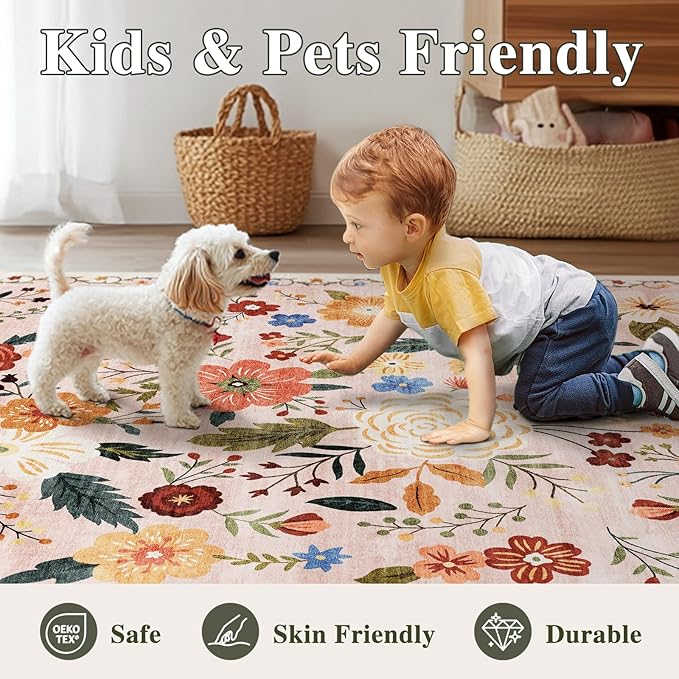 8x10 Washable Area Rug for Living Room, Floral Non-Slip Non-Shedding & Easy Care, Large Soft Low Pile Indoor Floor Carpet for Living Room, Bedroom, Farmhouse, Dining Room, Kids Playroom, Beige