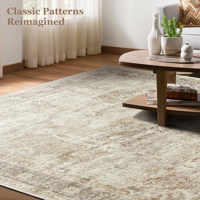 Washable Neutral 5x8 Area Rugs, Vintage Farmhouse Earth Tone Beige Taupe Carpet for Living Room Bedroom, Low Pile Thin Rug with Non Slip Rubber Backing for Dining Room Nursery Home Office