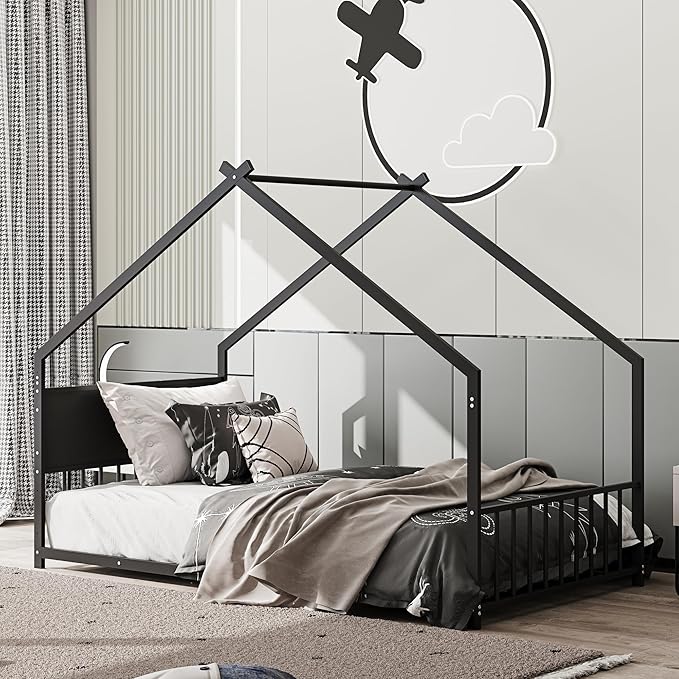 Ball & Cast Twin Size Floor Bed,Low to Ground Montessori Bed with Roof & Colorful LED Lights,Toddler House Bed Frame W/Slats and Legs,No Box Spring Needed,for Girls Boys,Black