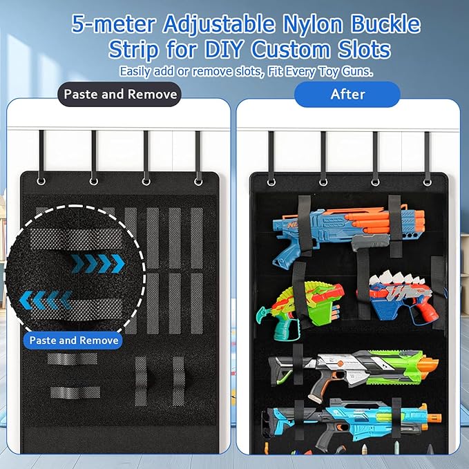 Over the Door Organizer for Toy Guns, Hanging Toys Storage with Clear Pockets and Slots for Kid Toy Guns, Claw Knife and Darts, Over the Door Storage for Kids Room and Game Room, Black