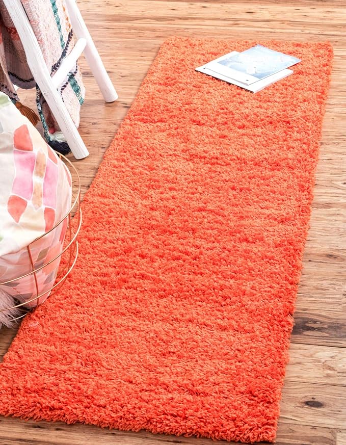 Unique Loom Solid Shag Collection Area Rug (2' 6" x 16' 5" Runner, Tiger Orange)