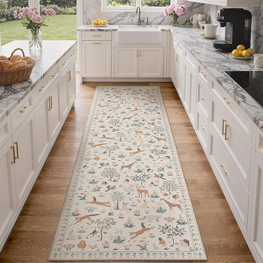 Runner Rug Non Slip 2'6''x 8', Floral Animal Print Rug Machine Washable Rug, Non Slip Low Pile Hallway Runner Carpet for Kitchen, Laundry, Bedroom, Bathroom, Beige