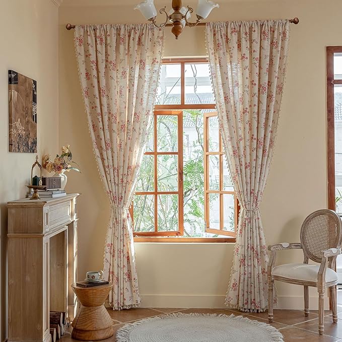 OYX Pink Boho Floral Curtains 84 Inch Long 2 panels, French Vintage Farmhouse Patterned Decor Window Drapes With Tassels, Girls Semi-Sheer Light Filtering For Bedroom Living Room (Rod Pocket, 52Wx84L)