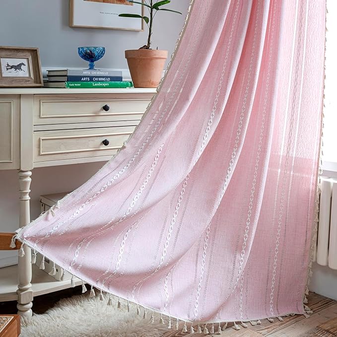 Deeprove Pink Boho Curtains for Kids Room Girls Nursery Room, Pretty Princess Theme Home Decoration Privacy Protection, Bohemian Semi-Blackout Light Filter Window Tassel Drape (1 Panel,52" x 90")