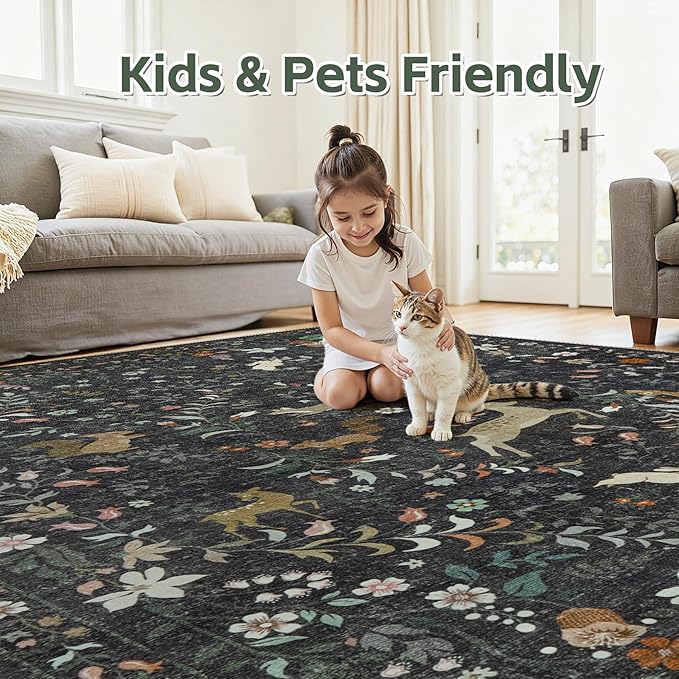 5x7 Area Rugs for Living Room Floral Animal Print Carpet Washable Non-Slip Large Rug Low Pile for Indoor Bedroom Dining Room Nursery Home Office Farmhouse Kids Play Room Black