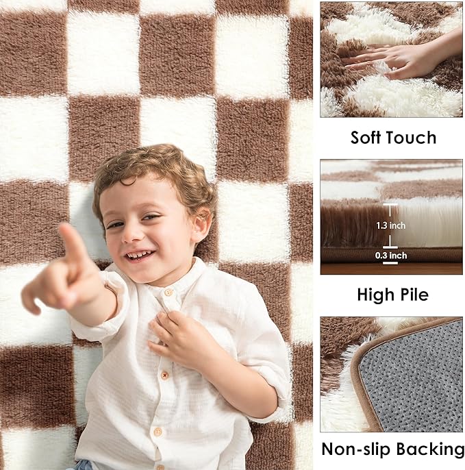KICMOR Living Room Rug 5x8 Brown and Cream White, Large Fluffy Shag Fuzzy Checkered Area Rugs Shaggy Bedroom Carpet, Indoor Soft Plush Furry Big Rug for Teen Kids Boys Girls Room Nursery Home Decor