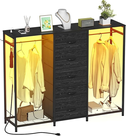 Dresser for Bedroom with Clothes Rack 5 Drawer Dresser with Charging Station LED Lights White Chest of Drawers Flexible Shelf and Open Storage Space for Bedroom Living Room (Charcoal Black)