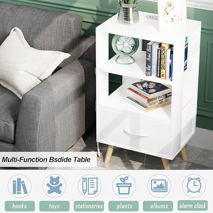 Night Stand with Charging Station, White Kids Nightstand with Drawer, 3-Tier Nursery Bedside Table with USB Ports and Outlets, End Table for Small Space, Living Room, Bedroom