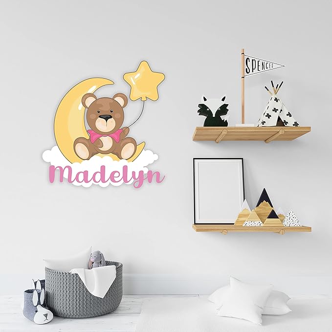 Custom Name Cute Bear Clouds Moon and Star I Wall Decal for Bedroom I Wall Decoration for Baby Room I Wall Stickers for Baby Boy & Girl I Multiple Customization Options