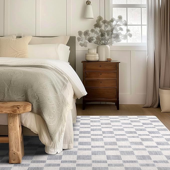 EverGrace Checkered Plaid Area Rug 6x9, Soft Fuzzy Faux Wool Rugs Washable Anti Slip Rugs Large Rug Carpet for Entryway Bedroom Living Room Hallway Kitchen Dining Room and Laundry Room, Light Gray