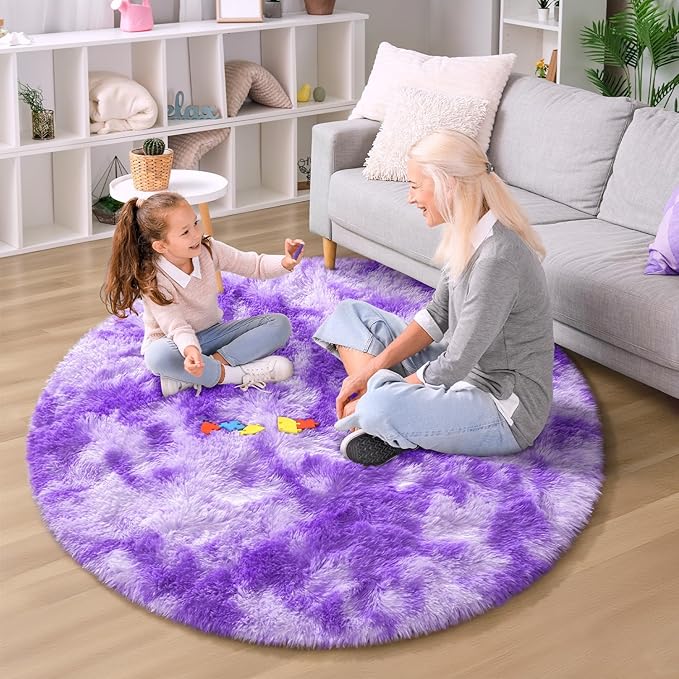 EVOIONOS Tie-Dyed Purple Round Rug Living Room, 6x6 Ft Fluffy Soft Circle Area Rugs Bedroom, Plush Shaggy Circular Carpet Indoor Floor Bedside Kids Nursery, Machine-Washable Home Decor Aesthetic