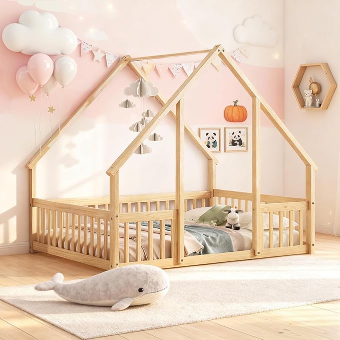 Casaphoria Full Size House-Shaped Montessori Bedframe, Solid Pine Wood Kids Bed Frame, Toddler Floor Bed with Door & Fence for 1-3 Years Old Kids, Natural