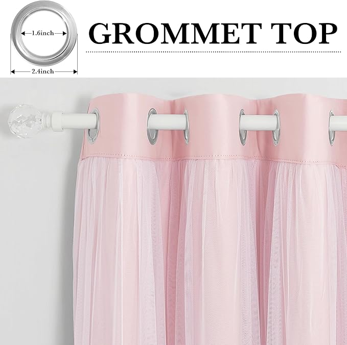 PONY DANCE Pink Blackout Curtains with White Sheer Overlay 72 Inches Length 2 Panels Set for Girls Bedroom, Double Layered Room Darkening Window Drapes for Nursery Living Room,52Wx72L