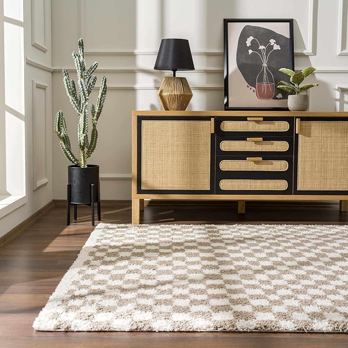 Hauteloom Kieu Contemporary Checkered Fluffy Shag Area Rug - Modern Geometric Soft Carpet Tiles for Living Room, Kids Room, Nursery - Gray, Taupe, White - 8'10" x 12'