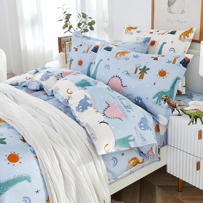 Brandream Boys Duvet Cover Twin/Twin XL Size 100% Percale Cotton 2pcs Kid's Bedding Duvet Cover Shams Set, Fun Dinosaur Print Reversible Blue Cream Beige Soft and Breathable