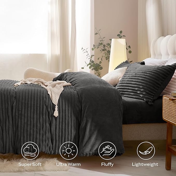 JELLYMONI Plush Duvet Cover Set - King Size Dark Gray Striped Fluffy Comforter Cover 3pcs Bedding Set Luxury Ultra Soft Faux Fur Duvet Cover with Zipper and 2 Pillowcases (NO Comforter)