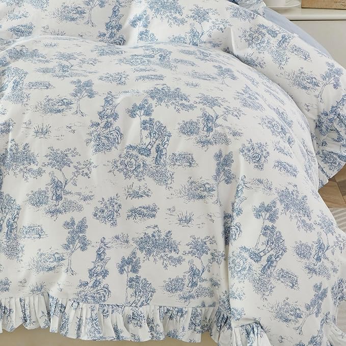 Brandream French Country Toile Duvet Cover Set Twin Size for Girls Bedroom Vintage Blue Toile Floral Print 100% Cotton Kids Duvet Quilt Comforter Cover Pillow Shams Set with Ruffles Design
