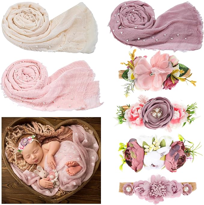 Buryeah 7 Pcs Baby Photoshoot Props Wrap Kit Includes 3 Pcs 66.9 x 35.4'' Newborn Photography Props 4 Pcs Baby Flower Headband Photo Supplies for Boy Girl Infant Toddler