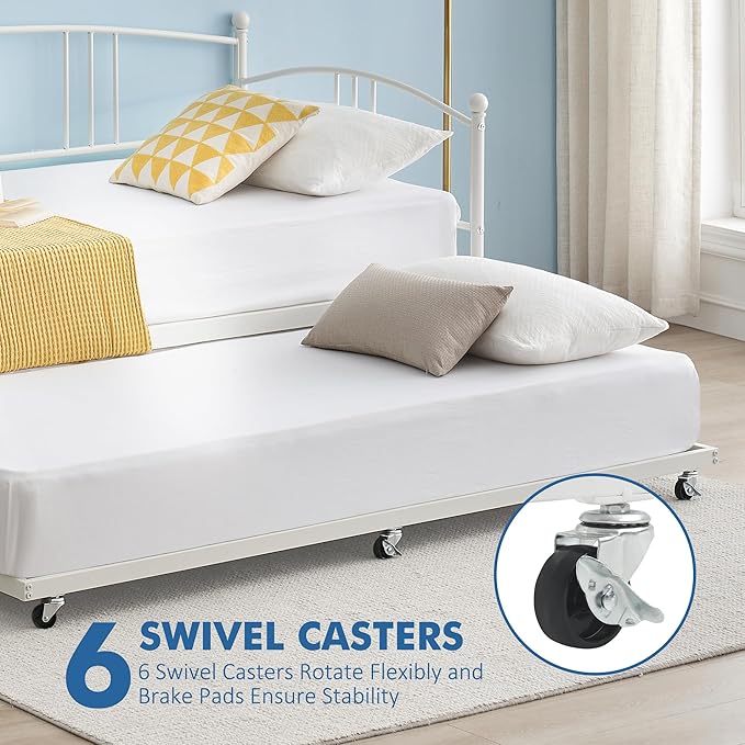 GarveeHome Daybed with Trundle, Sturdy Metal Day Bed with Steel Slat Support, Trundle Bed Twin with Arched Headboard, SofaBed for Living Room, Bedroom and Guest Room, White