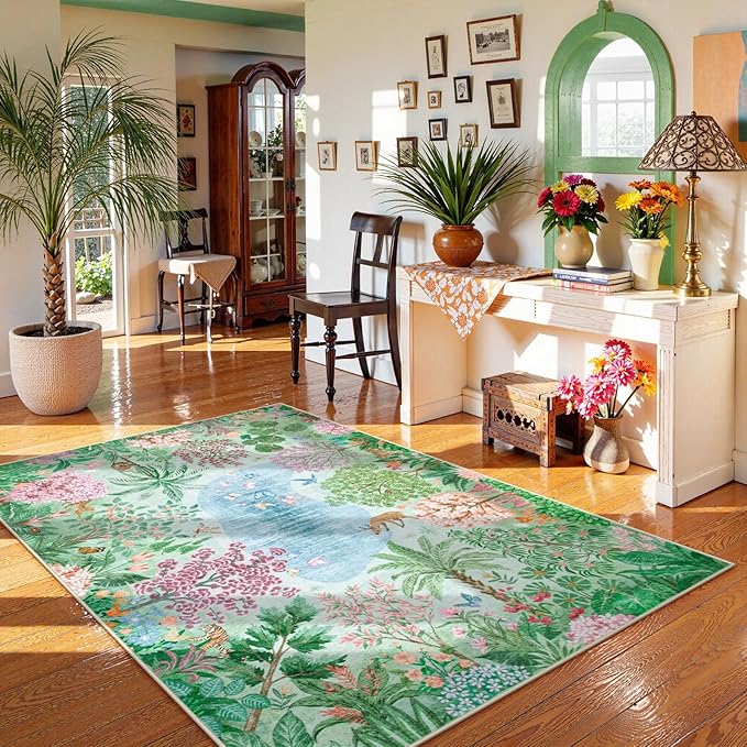 Lahome Spring Jungle Carpet, 5x7 Area Rugs for Bedroom Aesthetic Green Rugs for Living Room, Soft Machine Washable Seasonal Floral Non Slip Non Shedding Floor Carpet for Dorm Playroom Classroom Decor