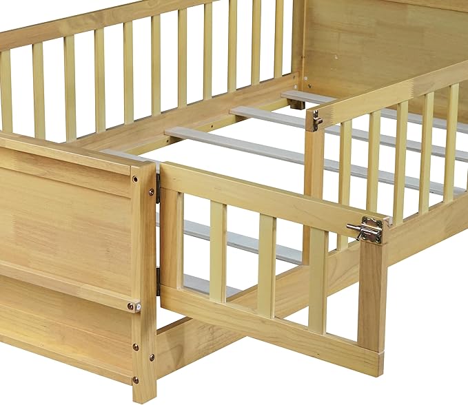 Twin Size Kids Montessori Floor Bed with Door,Twin Floor Bed Frame with Slats and Bookcase,Solid Wood Montessori Bed for Girls Boys,Natural