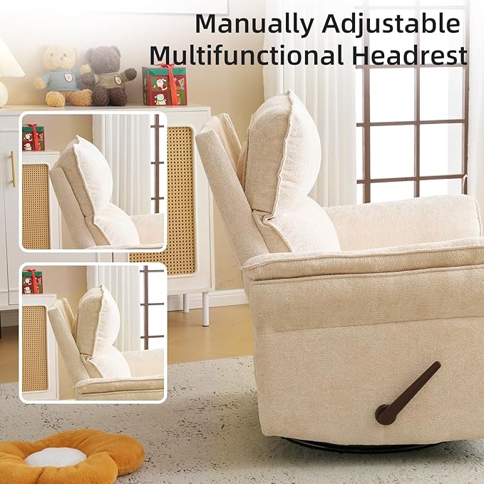 Oversized Recliner Chair, 26" Extra Wide 360° Swivel Rocker Recliner with Adjustable Headrest, Chenille Glider Rocking Nursery Chair with Overstuffed Armrest, Lumbar Support, Beige