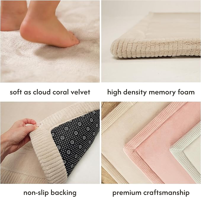 Stylish Coral Velvet Baby Play Mat for Floor 47" x 67" Beige – Soft 1" Thick High-Density Memory Foam Nursery Rug,Kids Rug with Non-Slip Backing for Crawling & Playing, Playroom Rug, Kids Carpet