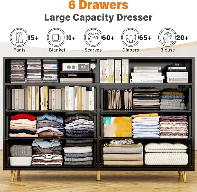 Black Dresser with LED Lights, Wood Dresser for Bedroom with 6 Wide Large Drawers,2 Open Shelves Top, Elegant Chest of Drawers for Living Room Hallway Entryway, 47.2" W
