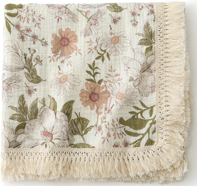 Little Jump Cotton Muslin Swaddle Blankets with Tassel, Boho Bohimia Muslin Baby Blanket Neutral with Fringe, Vintage Teddy Bear Nursery Decor Muslin Throw Blanket 47" x40" (Vintage Blossom)
